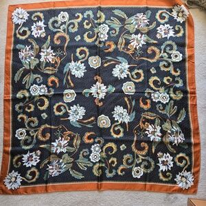 Floral Patterned Silk Scarf with Orange Border